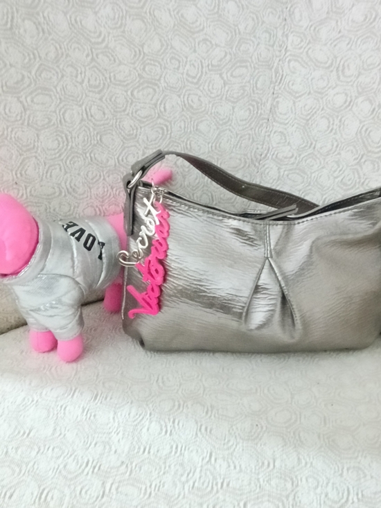 Victoria's Secret Handbags - Victoria's Secret Silver Shoulder Bag with Pink Logo Charm